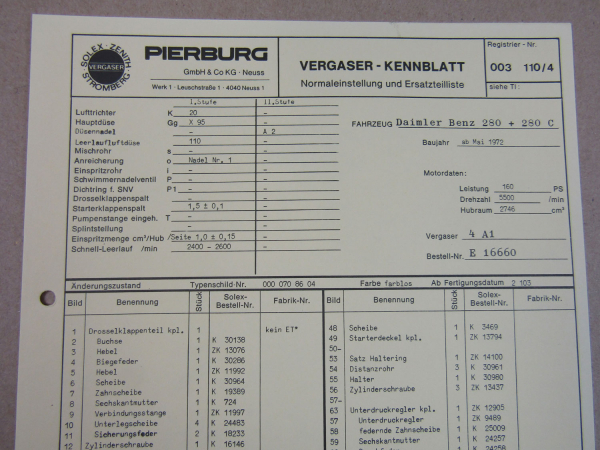 Pierburg 4A1 Vergaser Ersatzteilliste Normaleinstellung Daimler Benz 280 280C