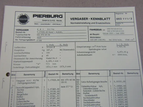 Pierburg 4A132/54 Ersatzteilliste Normaleinstellung Daimler Benz 280 S W 123 116