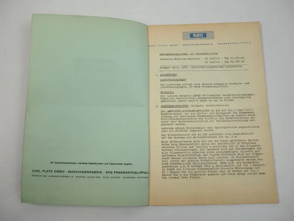 Platz AX306 150 200 Wirbelmolekulator Bedienungsanleitung Ersatzteilliste 1968