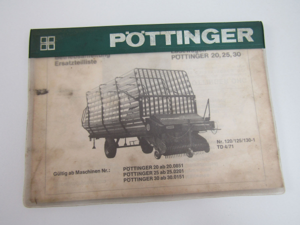 Pöttinger 20 25 30 Ladewagen Bedienungsanleitung und Ersatzteilliste 1971