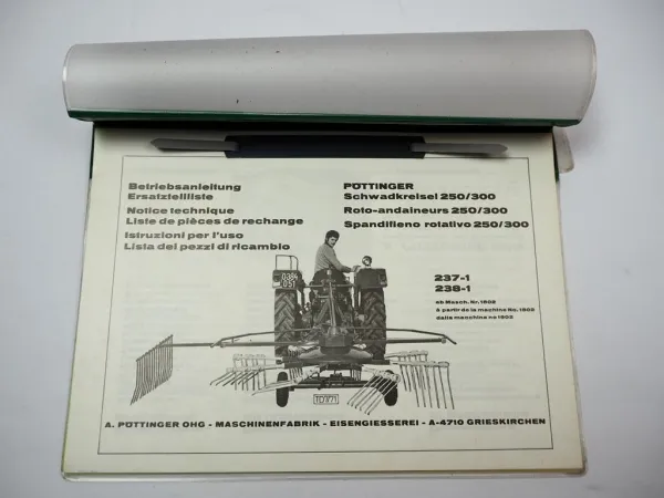 Pöttinger 250 300 Schwadkreisel 237-1 238-1 Betriebsanleitung Ersatzteilliste 1971
