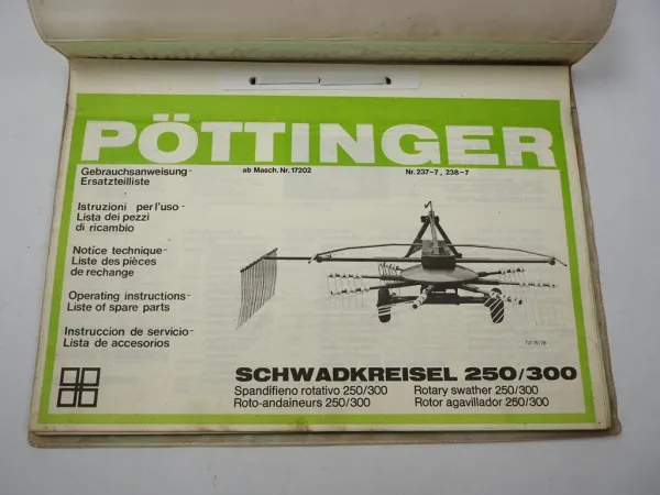 Pöttinger 250 300 Schwadkreisel Bedienungsanleitung Ersatzteilliste 1976