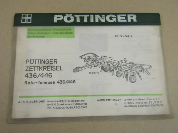 Pöttinger 436 446 Zettkreisel 721 722-0 Bedienungsanleitung Ersatzteilliste 1975