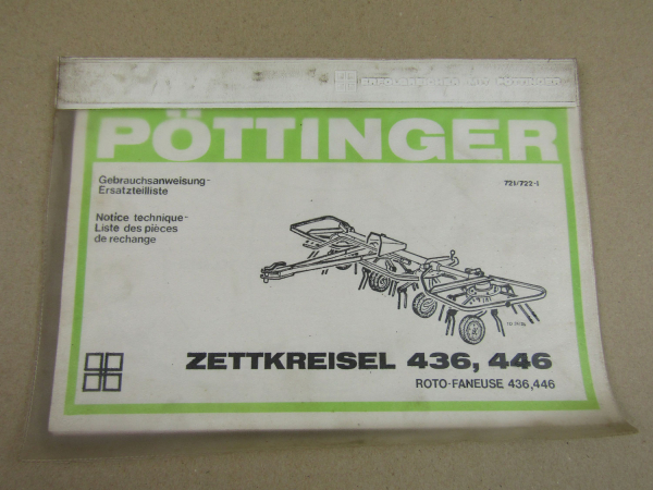 Pöttinger 436 446 Zettkreisel 721 722-1 Bedienungsanleitung Ersatzteilliste 1976