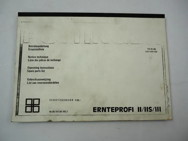 Pöttinger Ernteprofi II IIS III Ladewagen Betriebsanleitung Ersatzteilliste 1985