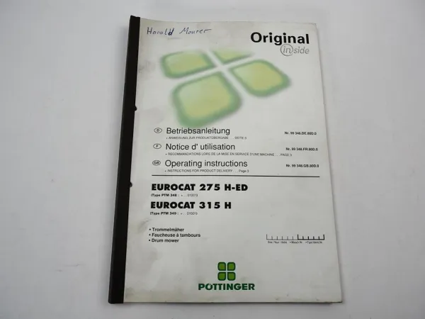 Pöttinger Eurocat 275 H-ED 315 H Trommelmäher Betriebsanleitung 2002