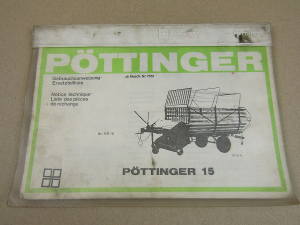 Pöttinger Ladewagen 15 Bedienungsanleitung und Ersatzteilliste 1976