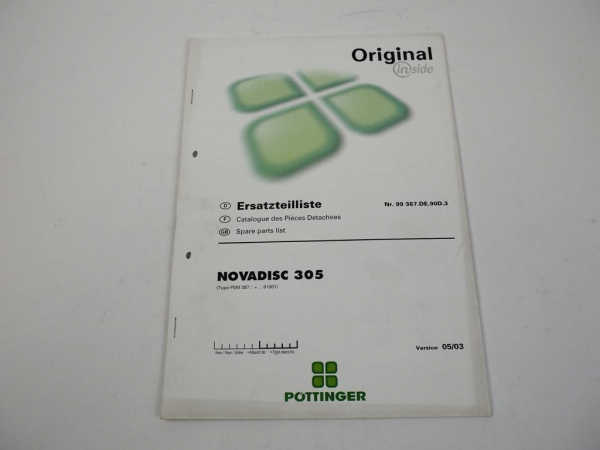 Pöttinger Novadisc 305 Scheibenmähwerk Ersatzteilliste Spare PartsList 2003