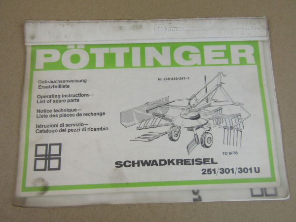 Pöttinger SK 251 301 U Schwadkreisel Bedienungsanleitung Ersatzteilliste 1978