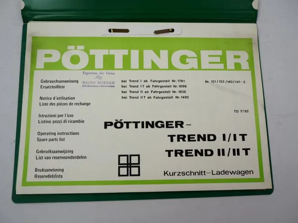 Pöttinger Trend 1 1T 2 2T Ladewagen Betriebsanleitung Ersatzteilliste 1982