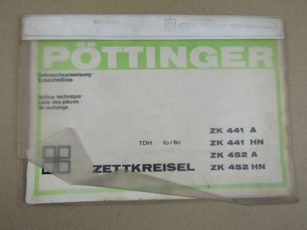 Pöttinger ZK 441 452 A HN Zettkreisel Bedienungsanleitung Ersatzteilliste 1980