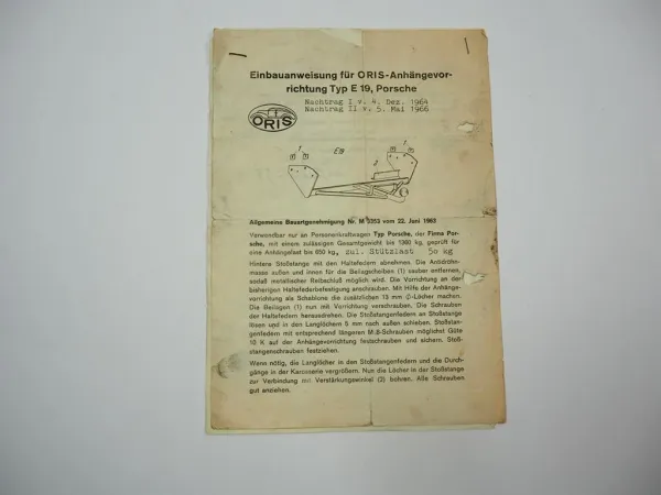 Porsche 356 Einbauanweisung Bauartengenehmigung Oris Anhängevorrichtung E19 1963