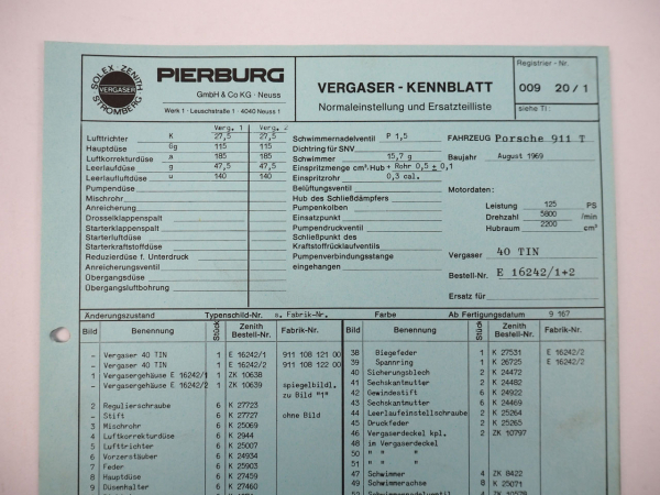 Porsche 911T Pierburg Vergaser 40TIN Kennblatt Einstellung Ersatzteilliste 1969