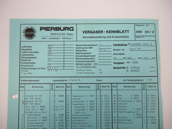 Porsche 911T Pierburg Vergaser 40TIN Kennblatt Einstellung Ersatzteilliste 1971