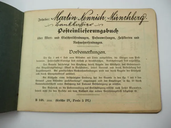 Post Einlieferungsbuch 1911 - 1914 Münchberg Bayern mit Eintragungen und Stempel