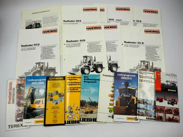 Posten 19x Prospekt Hanomag Liebherr Zeppelin Terex Radlader Bagger Baumaschinen