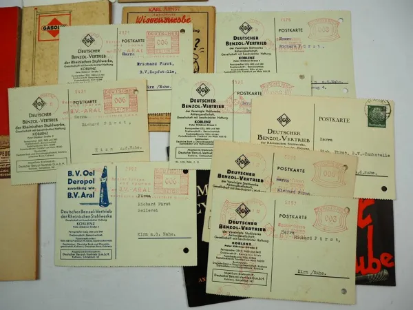 Posten Broschüren Bordbuch Postkarten zum Thema Auto Benzin Öl 1930/50er Jahre