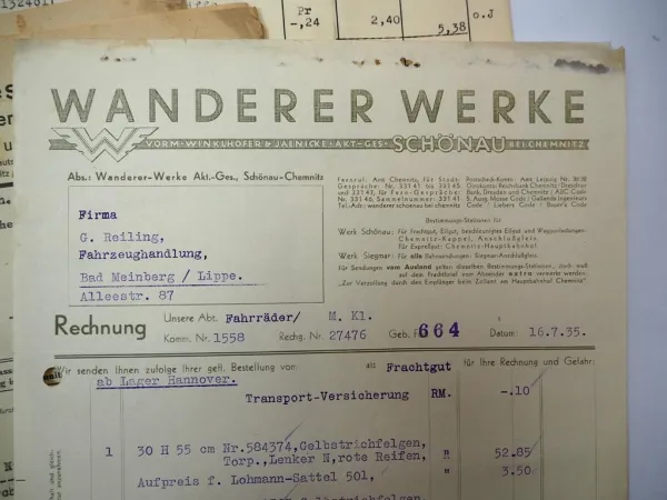 Posten ca. 30x Rechnung Belege z.B. Continental Veedol Klewe Öl Fahrrad 1934/35