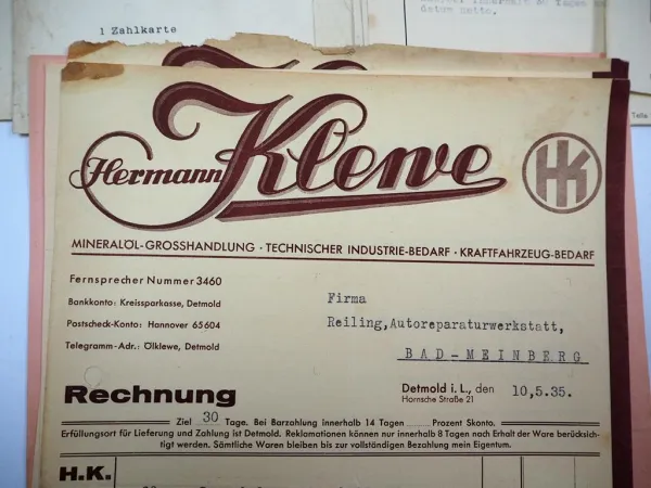Posten ca. 30x Rechnung Belege z.B. Continental Veedol Klewe Öl Fahrrad 1934/35