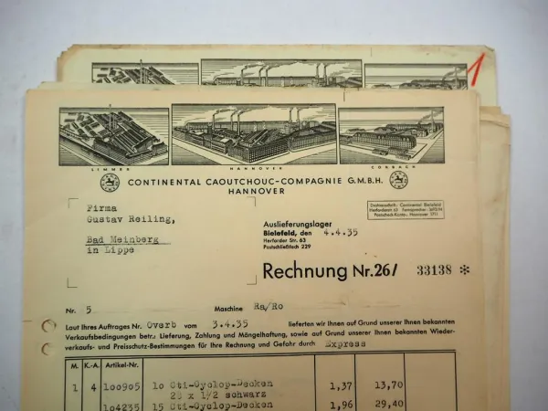 Posten ca. 30x Rechnung Belege z.B. Continental Veedol Klewe Öl Fahrrad 1934/35