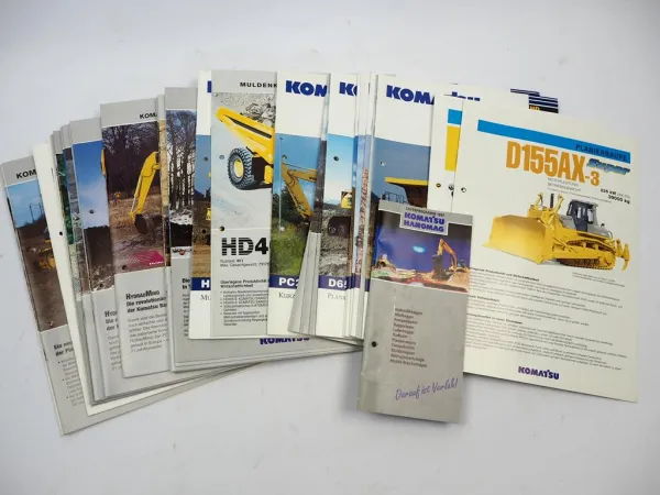 Posten mit ca. 50x Prospekt Komatsu Bagger Radlader Kipper 1980/90/2000er Jahre