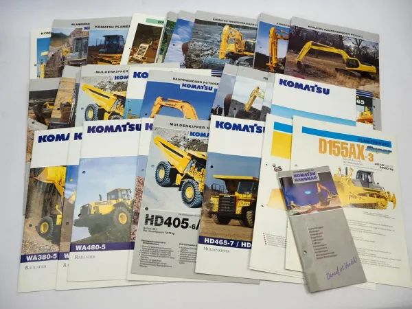 Posten mit ca. 50x Prospekt Komatsu Bagger Radlader Kipper 1980/90/2000er Jahre