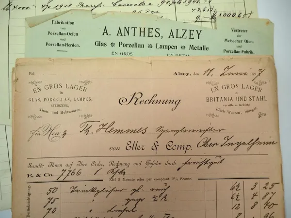 Posten Rechnungen Belege Briefe Postkarten Alzey Rheinland Pfalz 1890 bis 1946