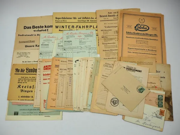 Posten Rechnungen Belege Briefe Postkarten Bingen Rheinland Pfalz 1930 bis 1950