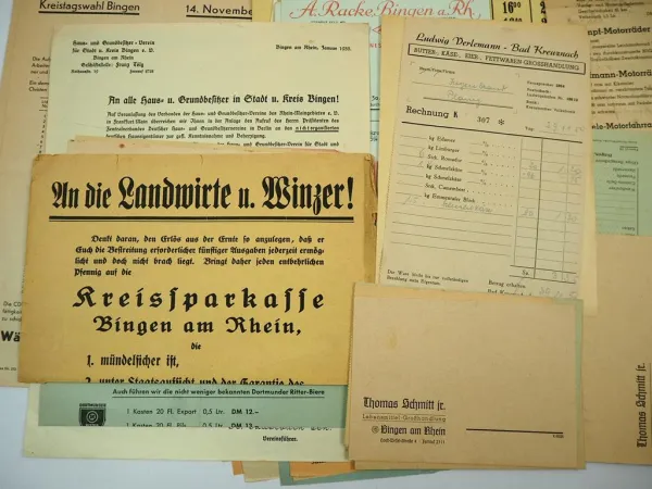Posten Rechnungen Belege Briefe Postkarten Bingen Rheinland Pfalz 1930 bis 1950