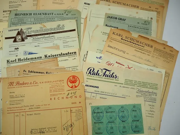Posten Rechnungen Belege Kaiserslautern Rheinland Pfalz ca. 1940/50er Jahre