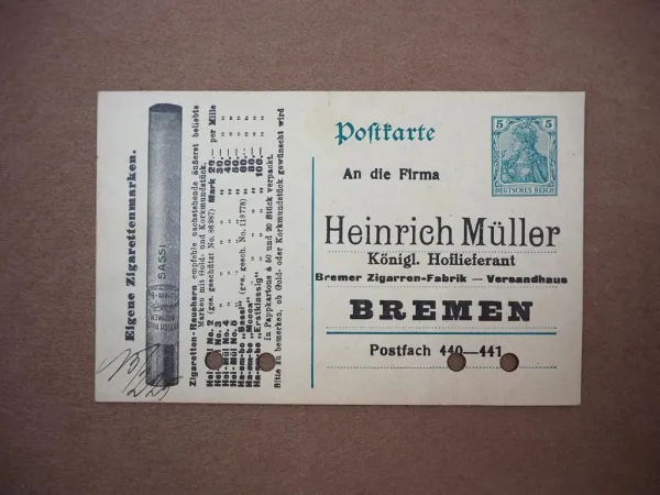 Postkarte Heinrich Müller Zigaretten Fabrik Bremen eigene Marke Hel-Mül ca. 1915