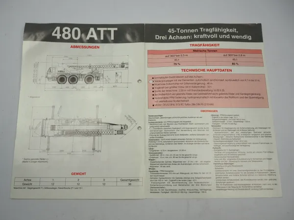 Potain Poclain PPM 480 ATT Mobilkran Autokran 45t Tragfähigkeit Prospekt 1992