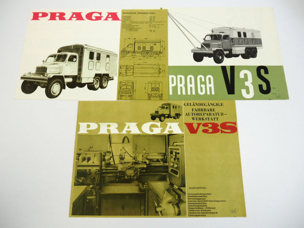 Praga V3S LKW fahrbahre Autoreparatur Werkstatt 3x Prospekt ca 1960er CSSR