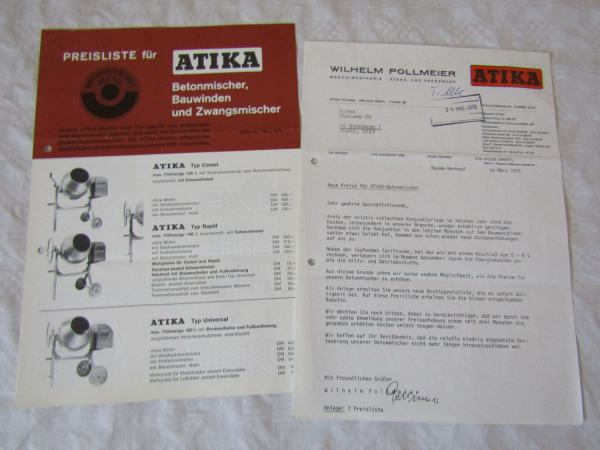 Preisliste ATIKA Betonmischer Bauwinden Zwangsmischer von März 1976