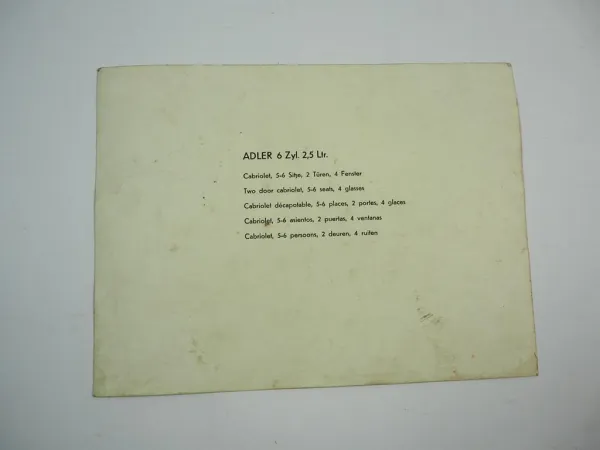 Pressefoto Adler Typ 10 6 Zylinder 2.5 Liter ca. 1939 original Werksfoto