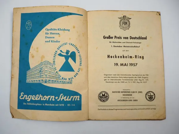 Programmheft Hockenheim Grosser Preis von Deutschland Rennen Motorrad 1957