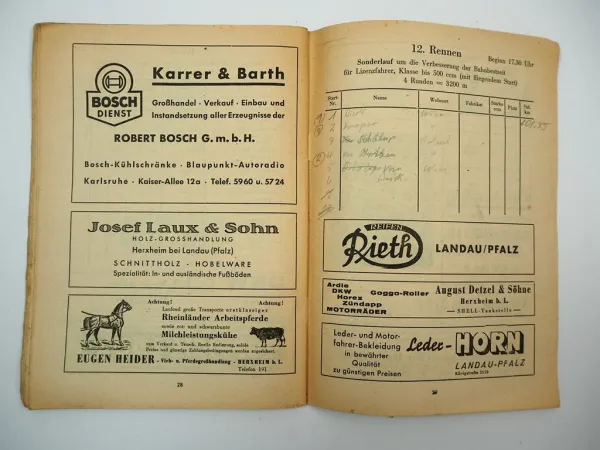 Programmheft Intermationales Sandbahn Rennen Herxheim bei Landau Motorrad 1953