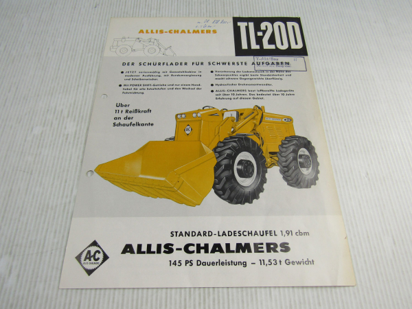 Prospekt Allis Chalmers TL20D Schürflader 145 PS mit Ladeschaufel 1964