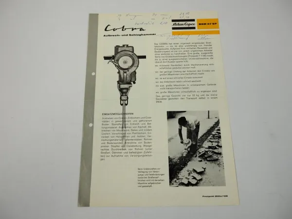 Prospekt Atlas Copco BBM47SP Cobra Schlaghammer ca. 1960