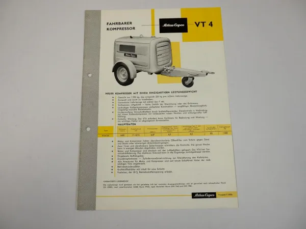 Prospekt Atlas Copco VT4 Fahrbarer Kompressor mit Deutz-Diesel ca. 1960