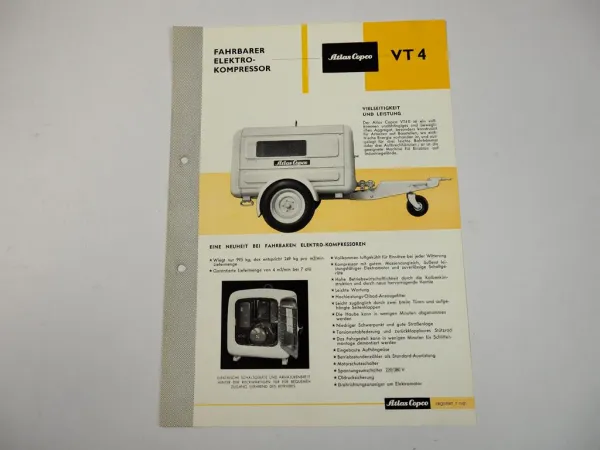 Prospekt Atlas Copco VT4E Fahrbarer Kompressor mit Elektromotor ca. 1960