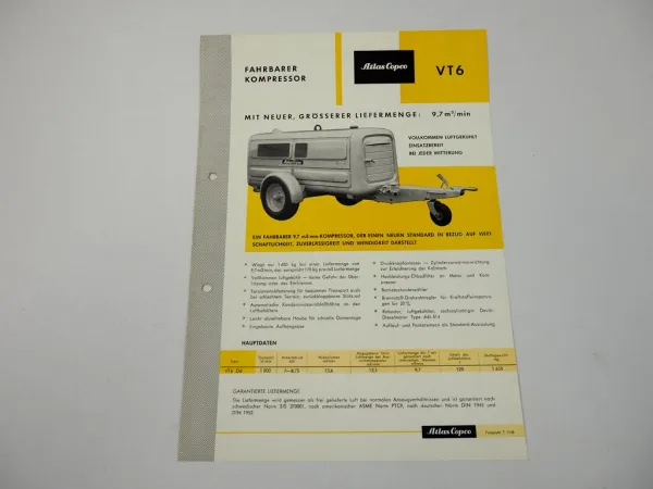 Prospekt Atlas Copco VT6 Fahrbarer Kompressor Diesel ca. 1960