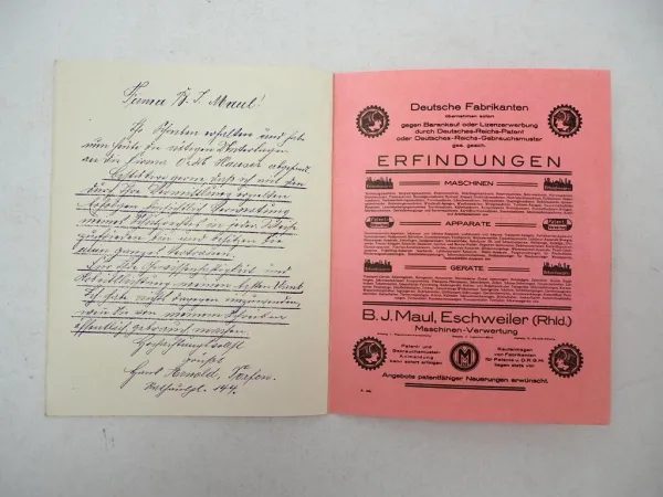 Prospekt B. J. Maul Eschweiler Patent Gebrauchsmuster Verwertung ca. 1920er J.
