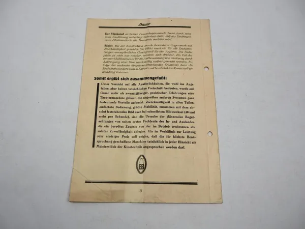 Prospekt Bauer Stahl Projektor M5 Film Kino Theater Maschine Apparat ca. 1930