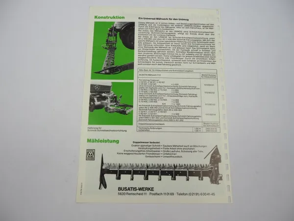 Prospekt Busatis BM1113 Frontseiten Mähwerk an Unimog U 600 800 900 1000 1979