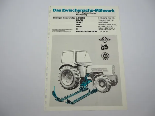 Prospekt Busatis Zwischenachs Mähwerk an Schlepper Schlüter Fendt Eicher 1982