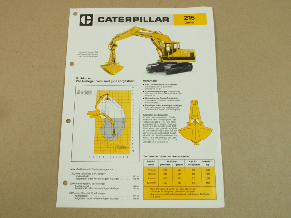 Prospekt CATerpillar 215 Hydraulikbagger und Greifer