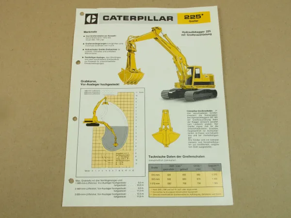 Prospekt CATerpillar 225 Hydraulikbagger mit Greifer ca 1993