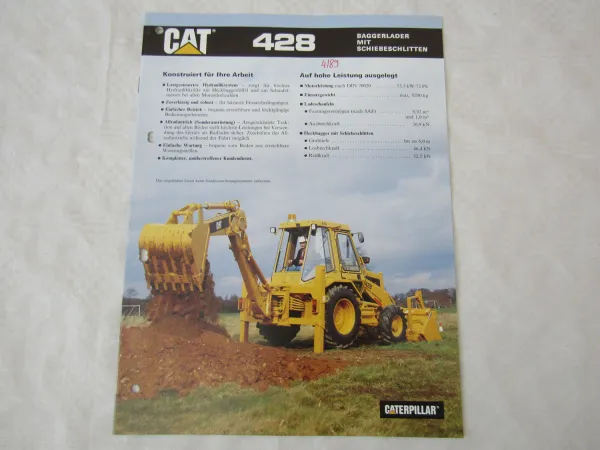 Prospekt CATerpillar CAT 428 Baggerlader mit Schiebeschlitten 1989