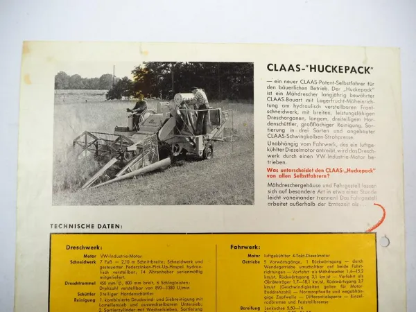 Prospekt Claas Huckepack Mähdrescher Selbstfahrer 1950er Jahre